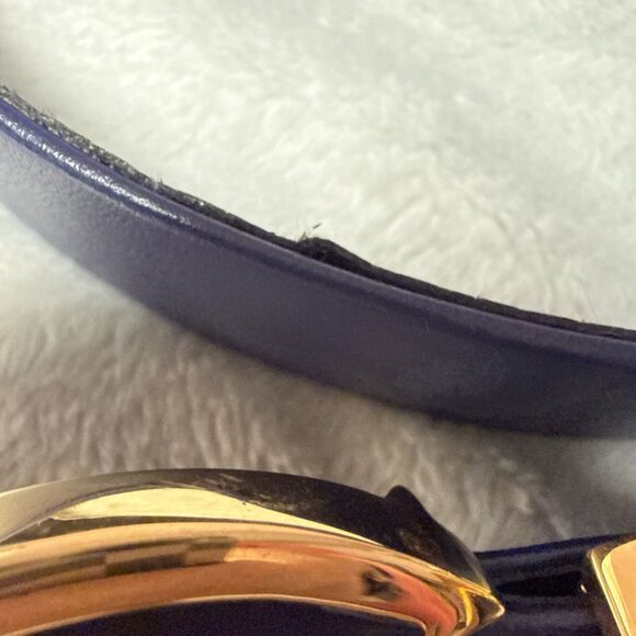 Vintage St. John Belt Navy Blue Leather With Gold Tone Buckle 37” Sz 12